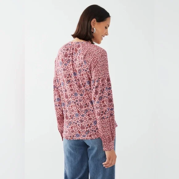 Boden Floral Printed Pink Jersey Blouse Long Ballon Sleeve Boho Button Up Top - Picture 3 of 9